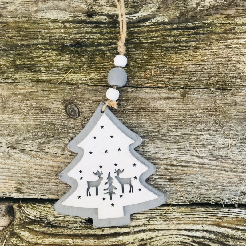 Stromček vianočný na zavesenie šedá s bielou