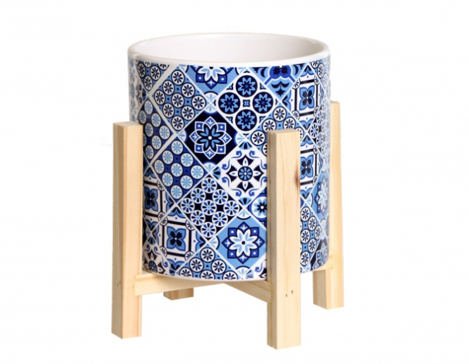 Obal na kvetináč keramický v drevenom stojane